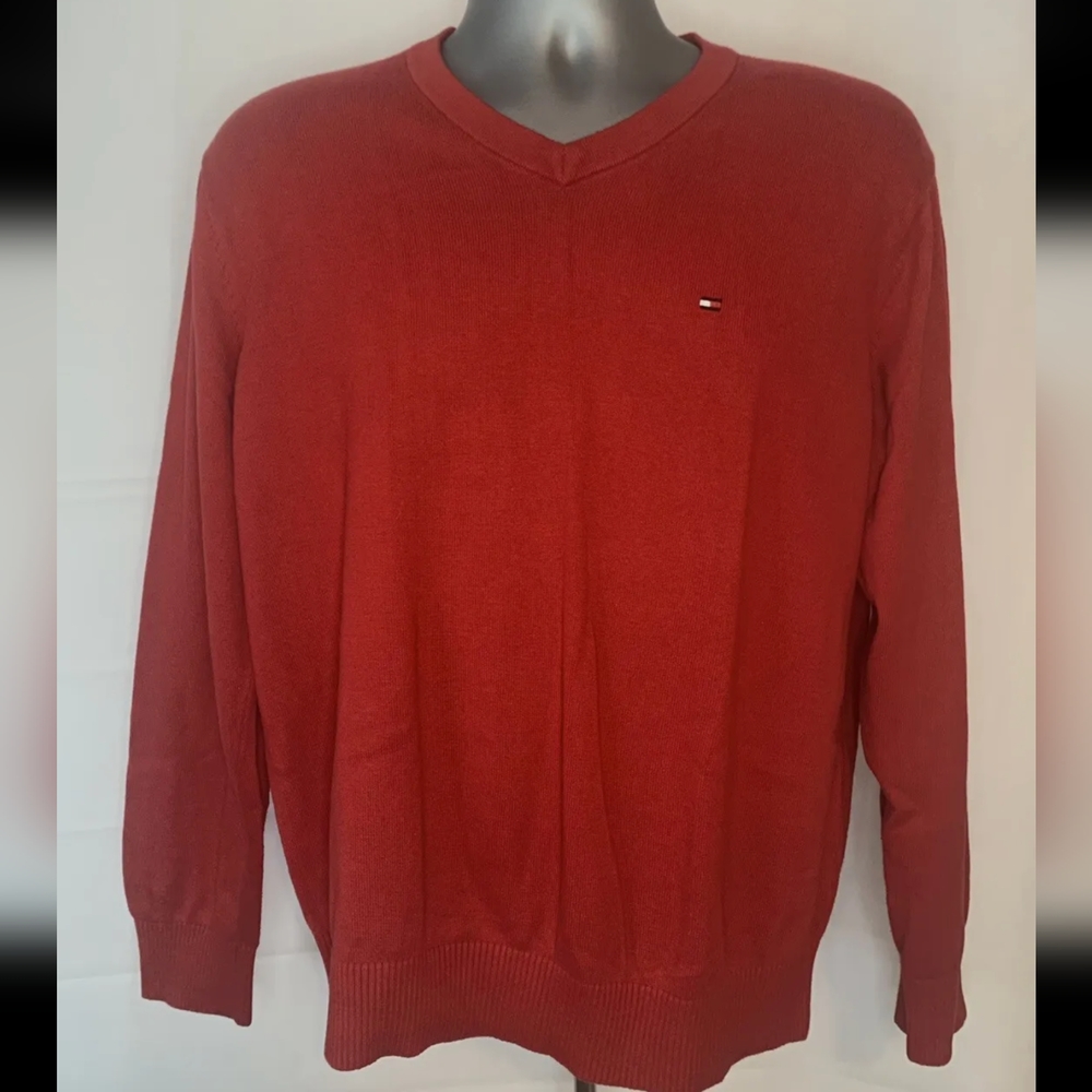 Tommy Hilfiger Red Pullover V Neck Logo Sweater Mens Size Large L